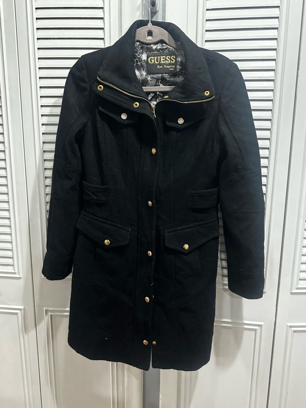 GUESS Black Women's Long Coat with Gold-Tone Buttons